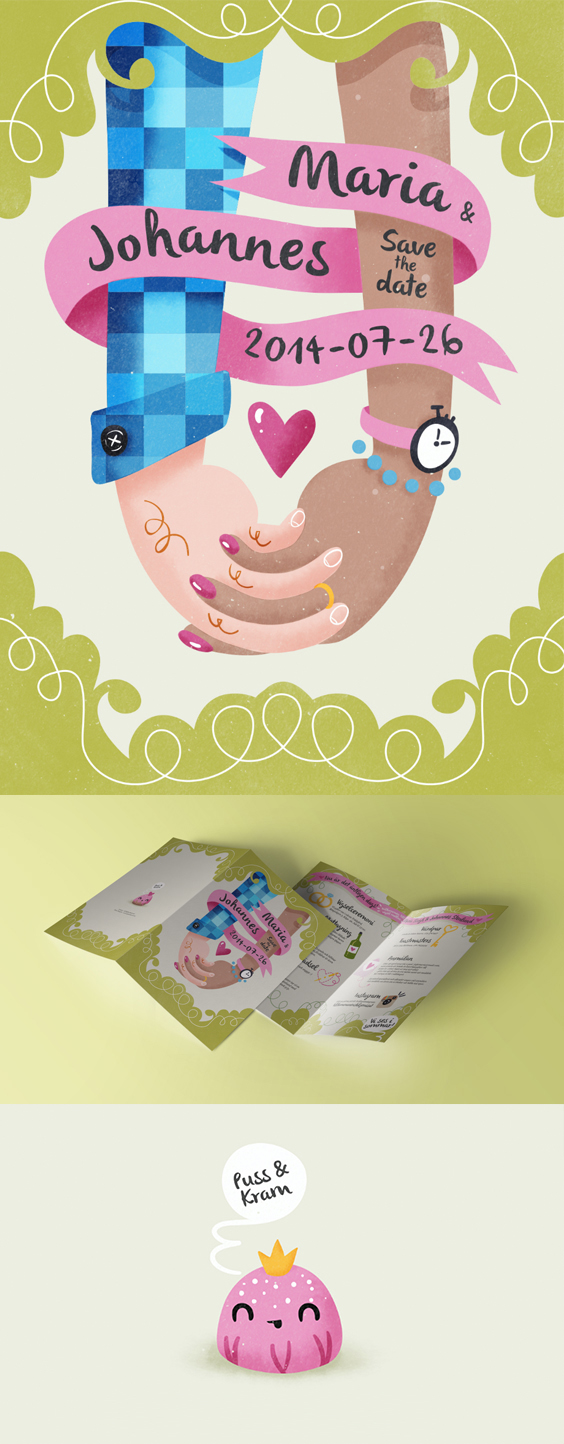 A super happy and cute illustrated wedding invitation. By Stina Norgren