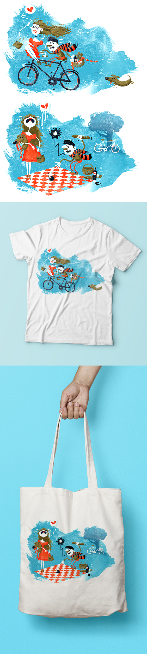 Two whimsical bike illustrations for T-shirt and tote bags. By Stina Norgren